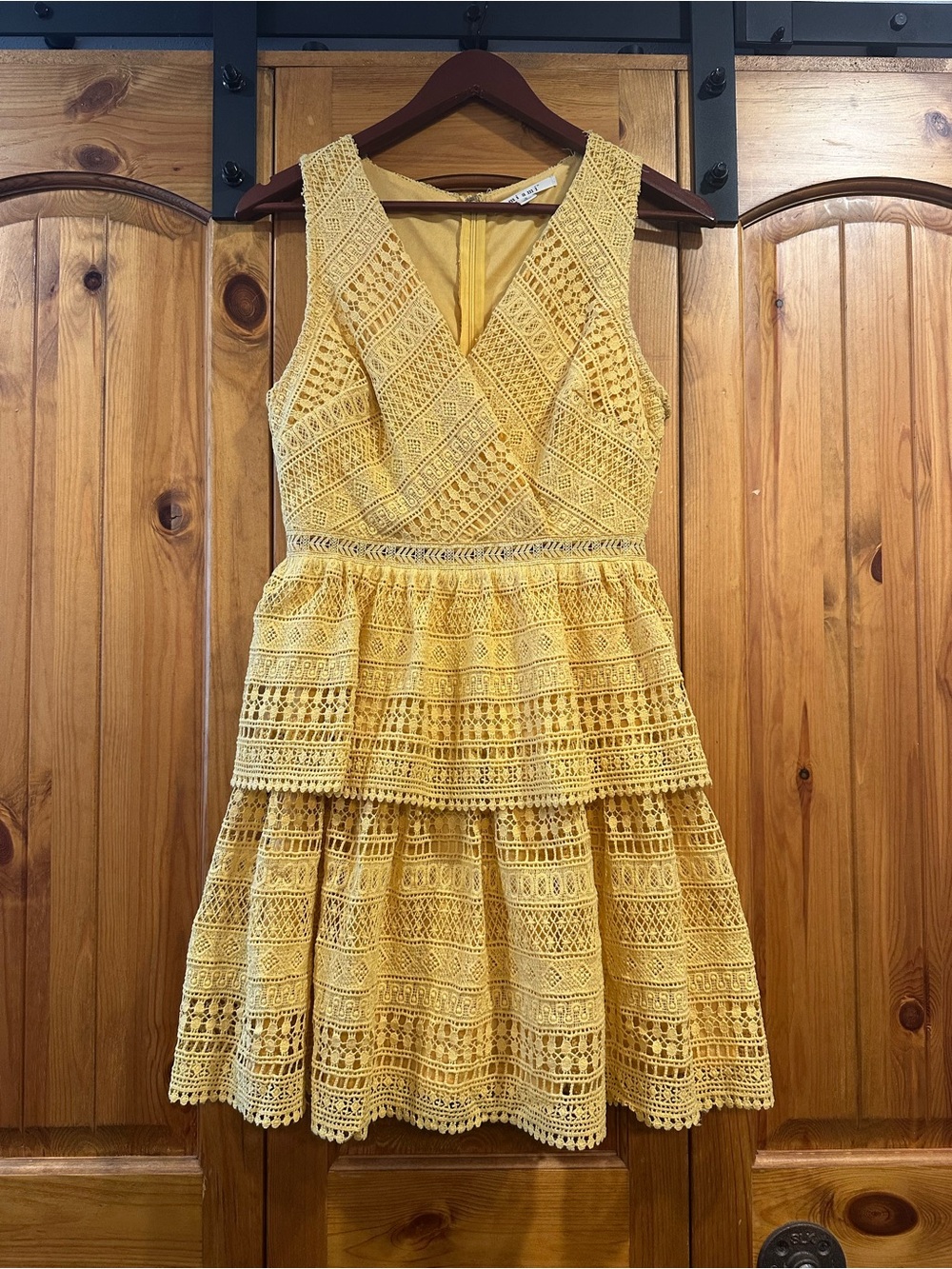 Francesca's Collections Yellow Crochet Tiered Mini Dress